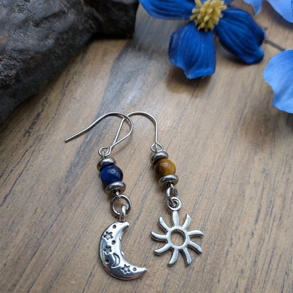 Silver Sun and Moon Earrings with Blue and Yellow Beads - Picture 2 of 3